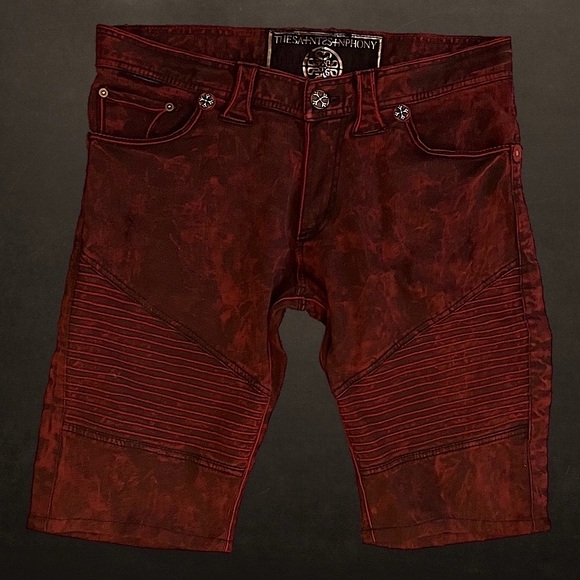 TheSaintsSinphony OOAK Distressed Studded Studded Moto Denim Shorts - Picture 2 of 11